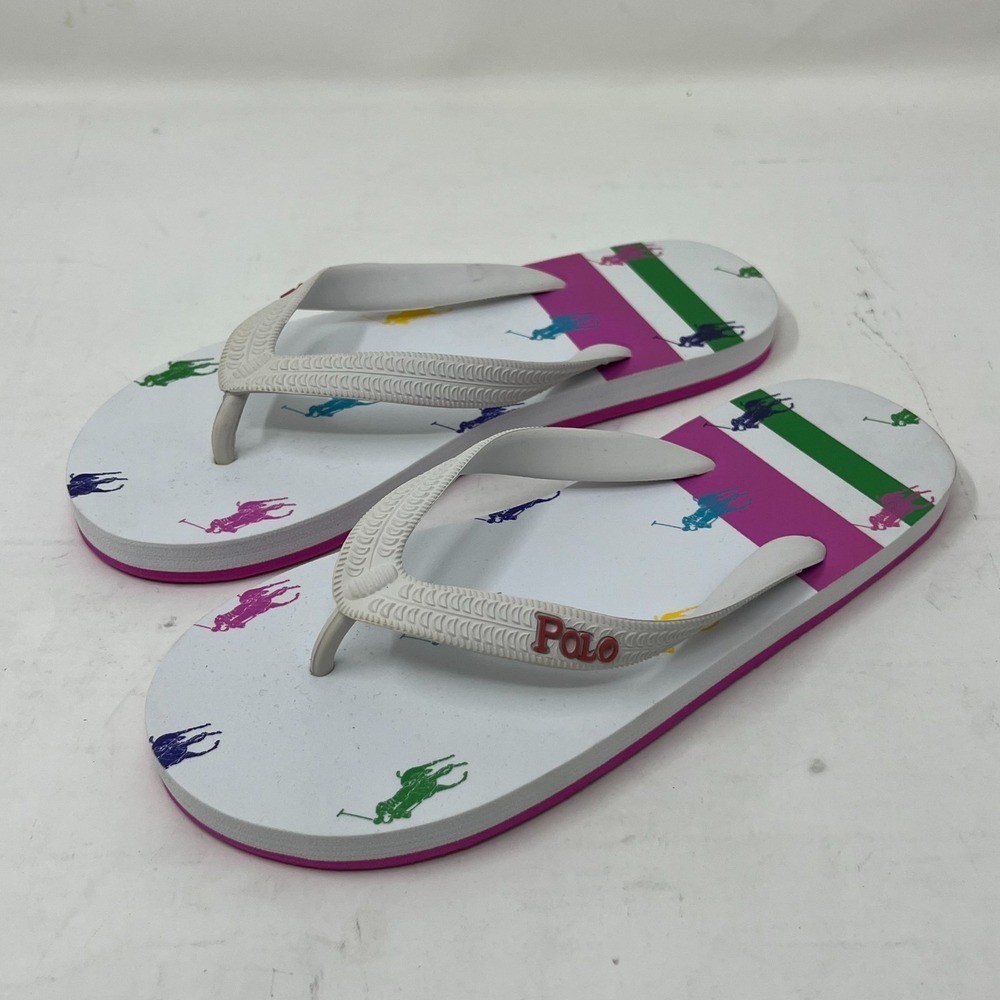 Polo Ralph Lauren Unisex Junior Flip Flop‎ White/Pony Logo US Size 4 VTG NEW